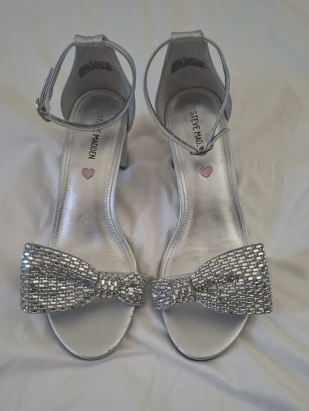 Steve Madden Silver Crystal Bow Ankle-Strap Heels